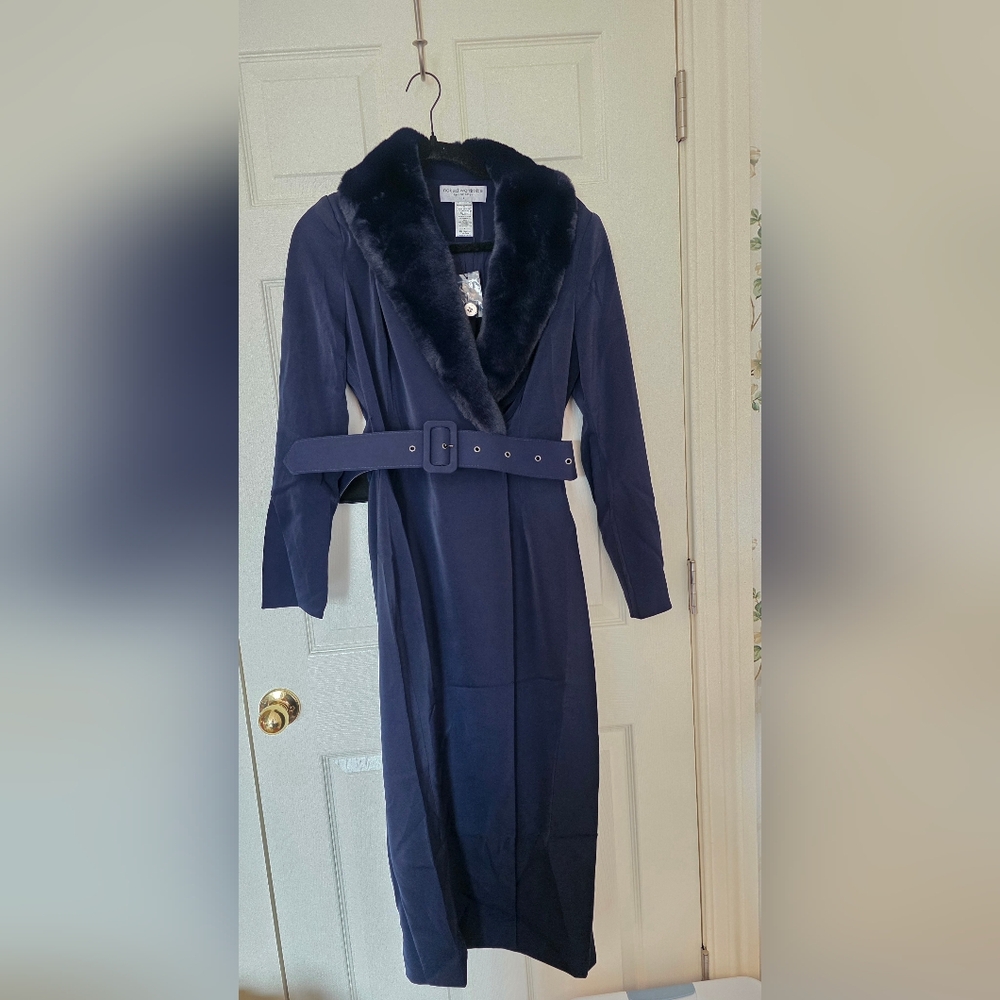 Naked Wardrobe Faux Fur Trimmed Trench Coat- Navy Blue - Picture 2 of 5